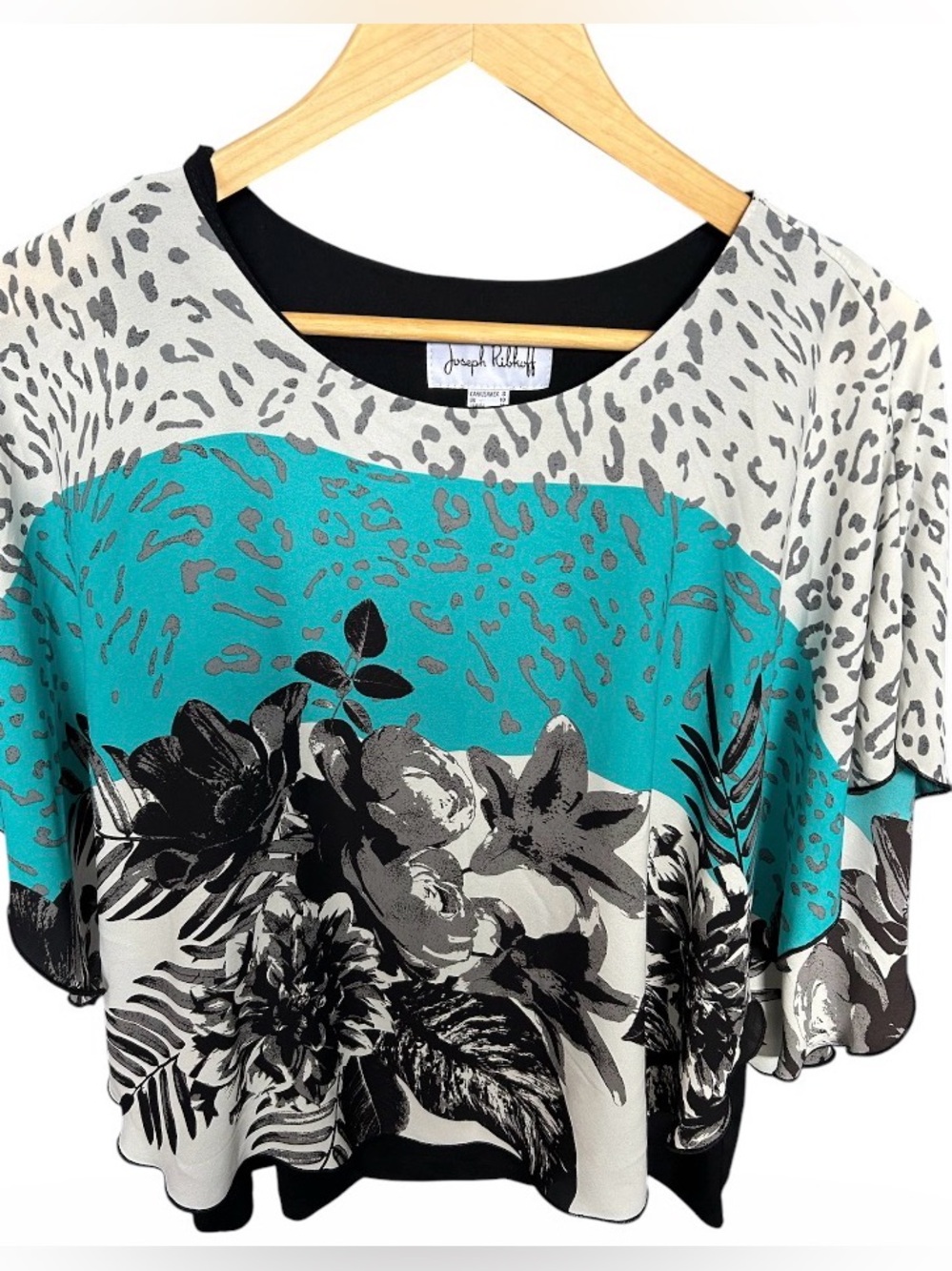 Joseph Ribkoff Teal and Black Printed Flutter Sleeve Top Sz 8